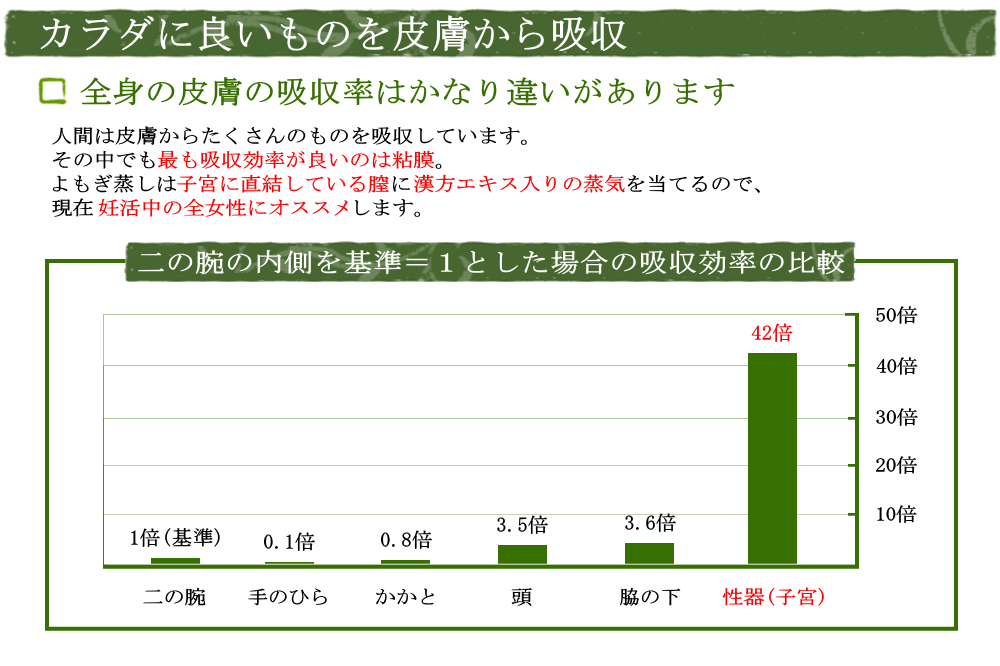 カラダに良いものを皮膚から吸収　全身の皮膚の吸収率はかなり違いがあります。人間は皮膚からたくさんのものを吸収していますが、その中でも最も吸収効率が良いのは粘膜です。よもぎ蒸しは子宮に直結している膣に漢方エキス入りの蒸気を充てるので、現在妊活中の全女性にオススメします。二の腕を基準＝１とした場合、性器(子宮)の吸収効率はなんと４２倍にもなります！
