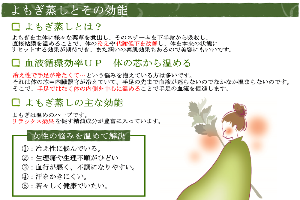 よもぎを主体に様々な薬草を煮出し、そのスチームを下半身から吸収し、直接粘膜を温めることで、体の冷えや代謝低下を改善し、体を本来の状態にリセットする効果が期待できます。また、「冷え性に悩んでいる」「生理痛や生理不順がひどい」「血行が悪く、不調になりやすい」「汗をかきにくい」「若々しく健康でいたい」という方に効果的です。