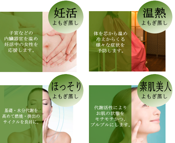 ルキノスではさらに４種類のよもぎ蒸しをご用意いたしました！妊活：子宮などの内臓器官を温め、妊活中の女性を応援します。温熱：体を芯から温め、冷えからくる様々な症状を予防します。ほっそり：基礎・水分代謝を高めて燃焼・排出のサイクルを良好にします。素肌美人：代謝活性により、お肌の状態をもちもち、プルプルにします。
